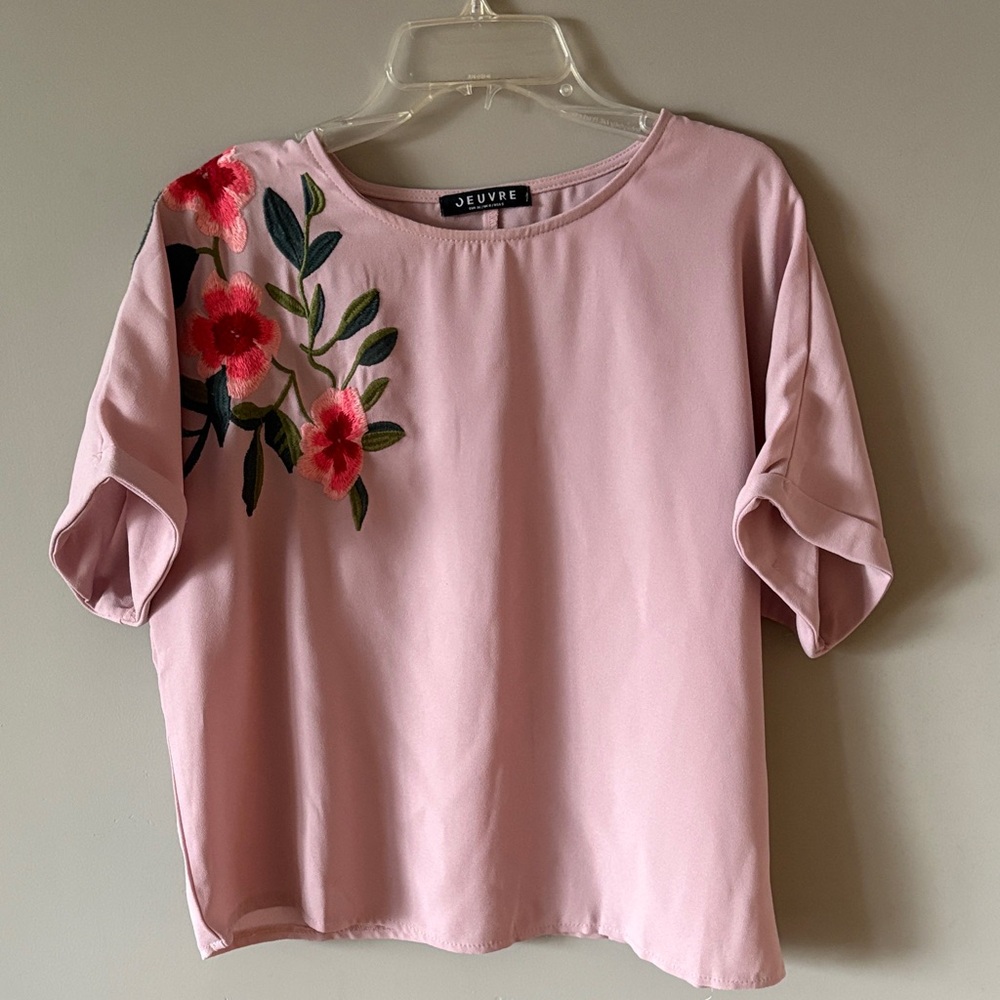 Jevre Blush Pink Floral Embroidered Short Sleeve Blouse